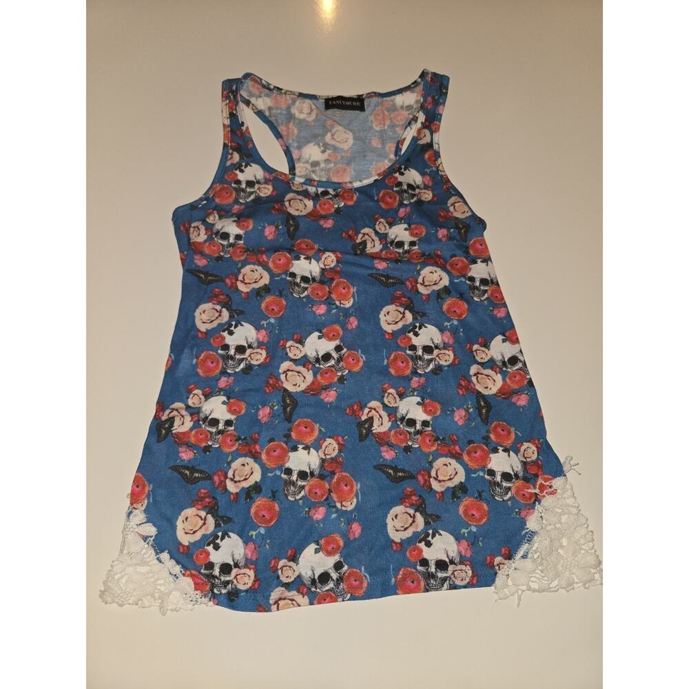 FANCYQUBE Women’s M/L Blue Floral Skull Racerback Tank Top Lace Hem - Picture 2 of 9
